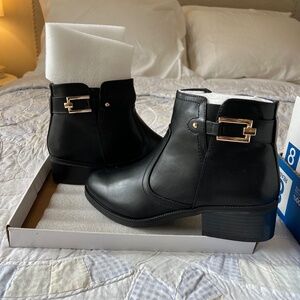 Black Ankle Boots with Gold Buckle